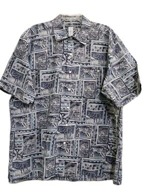 vintage BURMA BIBAS Large Zoo Animal Print Artsy Cotton Button Up Blue Hong Kong